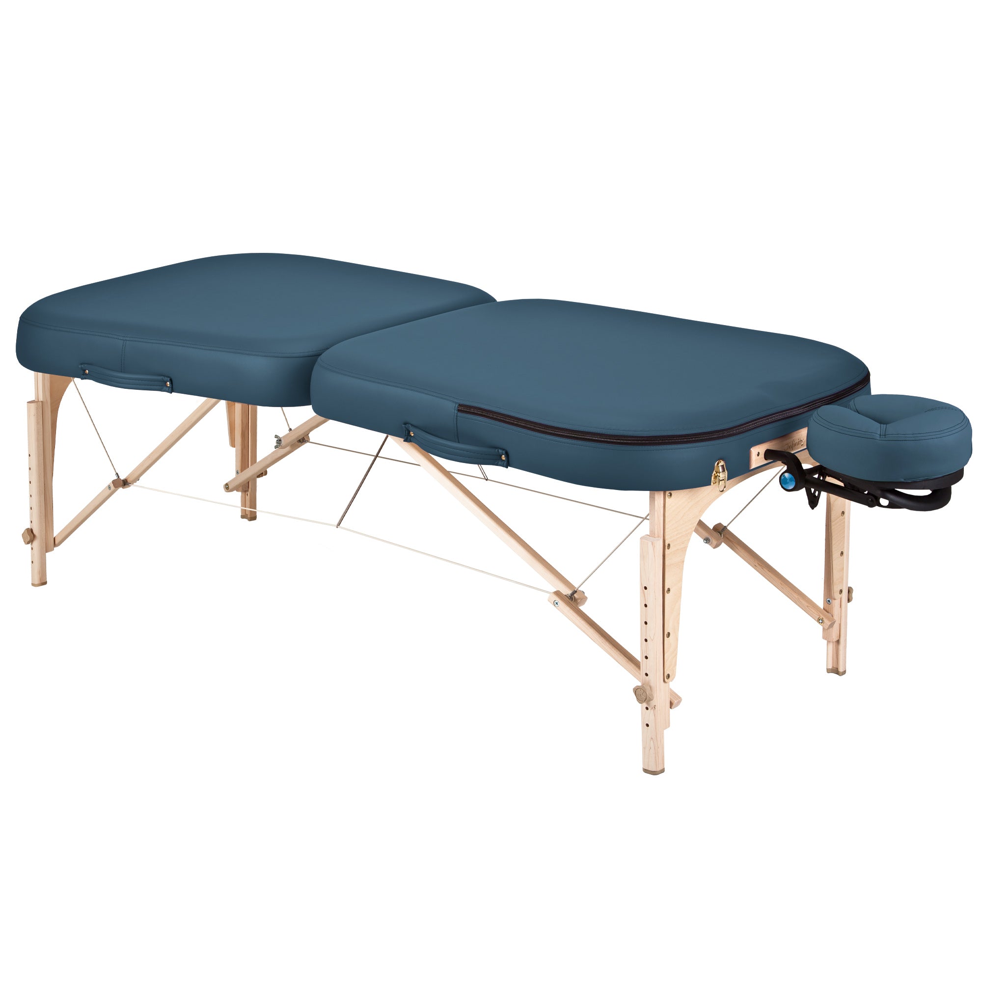 EarthLite INFINITY CONFORMA massage table package with wooden legs and attached face cradle.