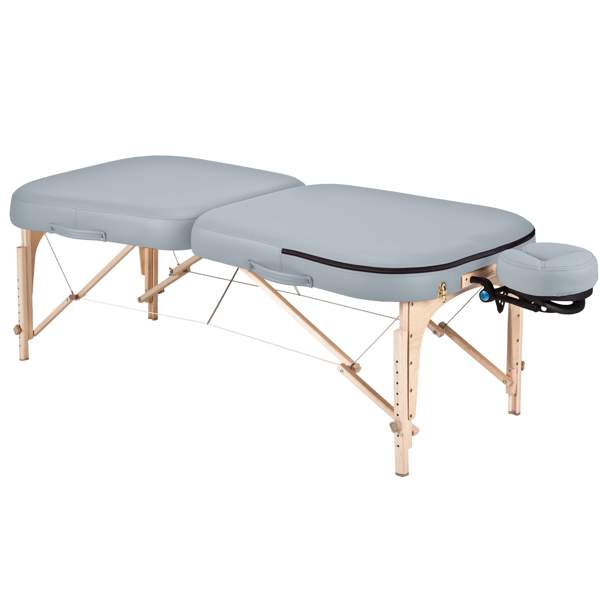 Earthlite INFINITY CONFORMA Massage Table: light blue, wood frame, adjustable face cradle.