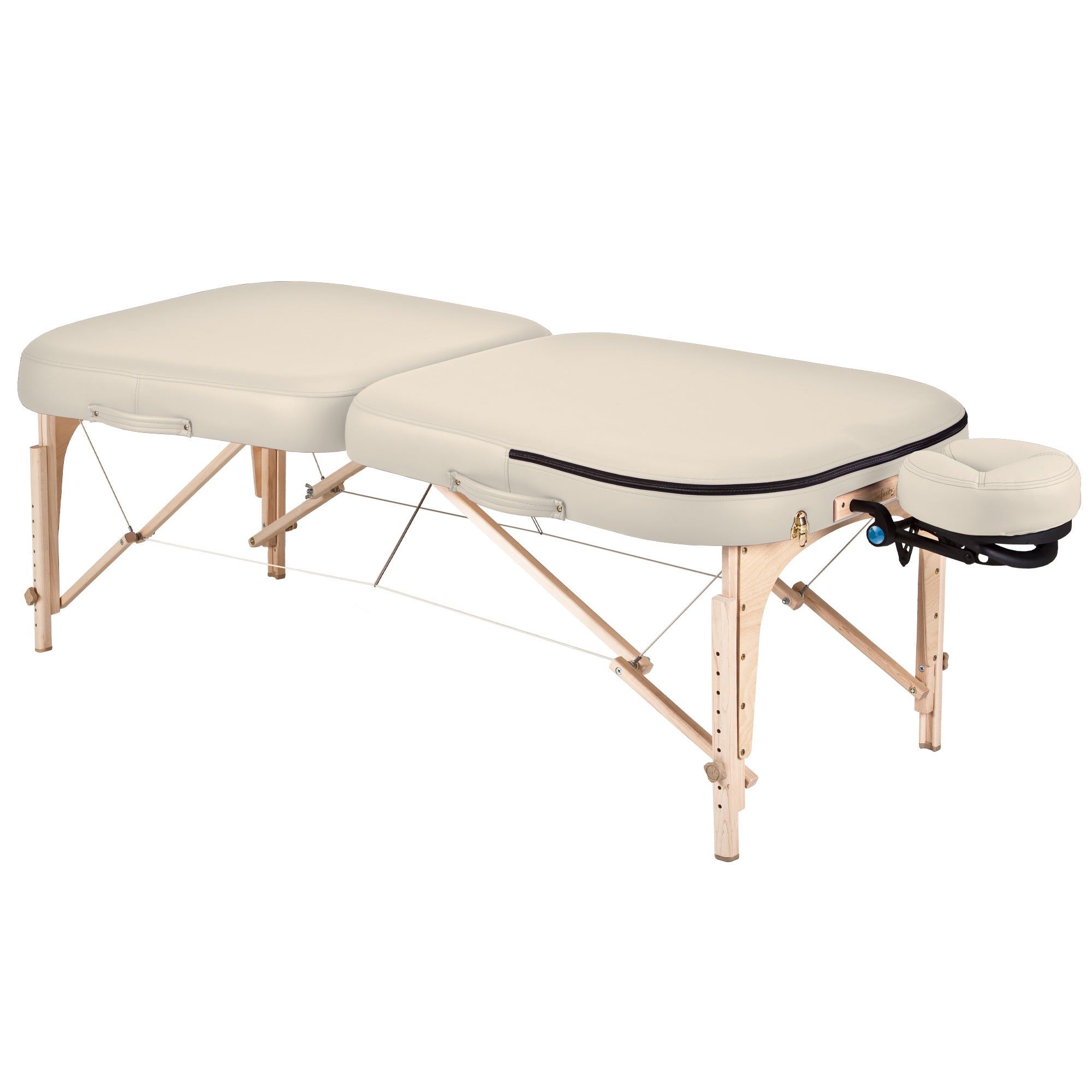 The EarthLite Infinity Conforma massage table comes fully assembled with beige padding and wood legs.
