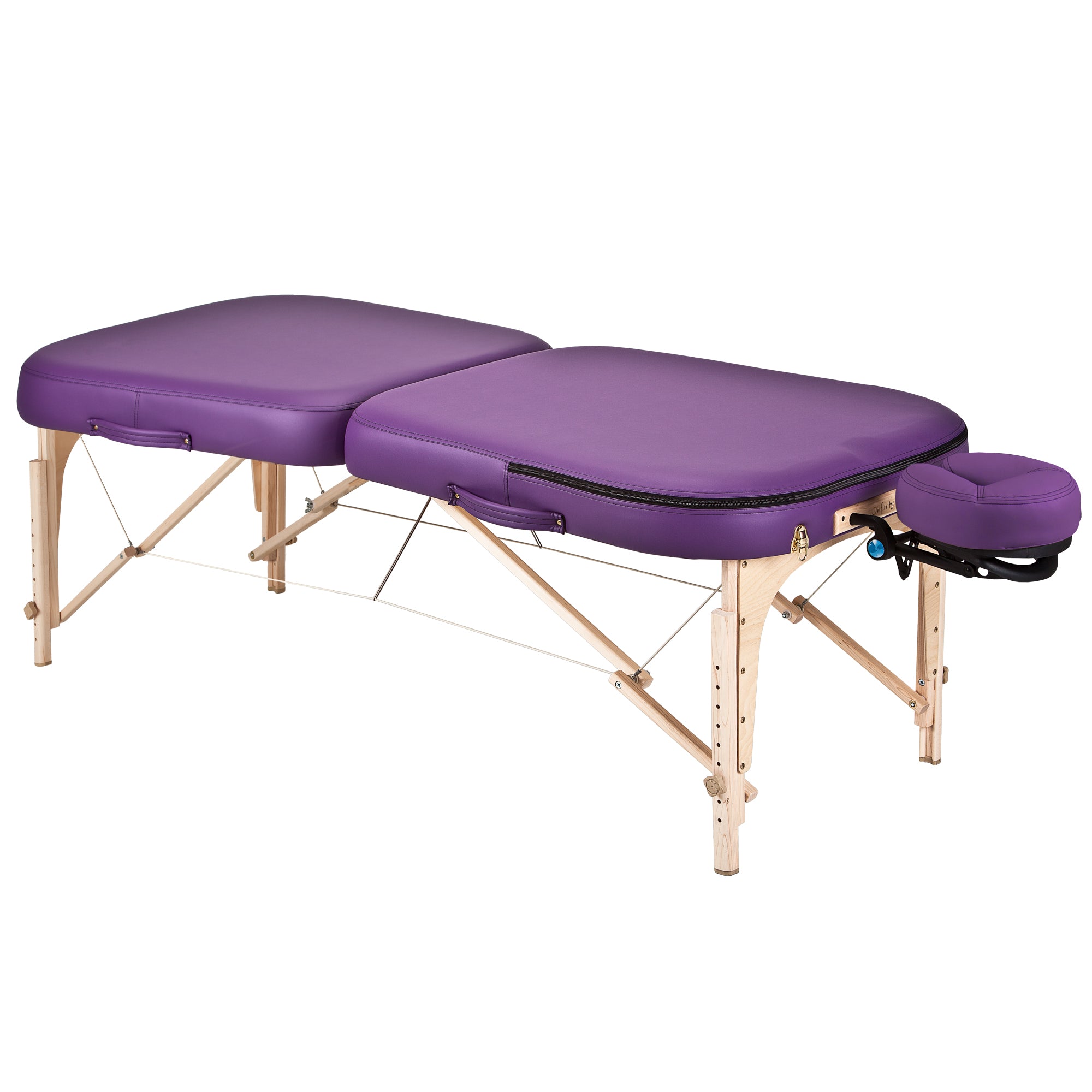EarthLite INFINITY CONFORMA massage table package with wooden legs and attached face cradle.