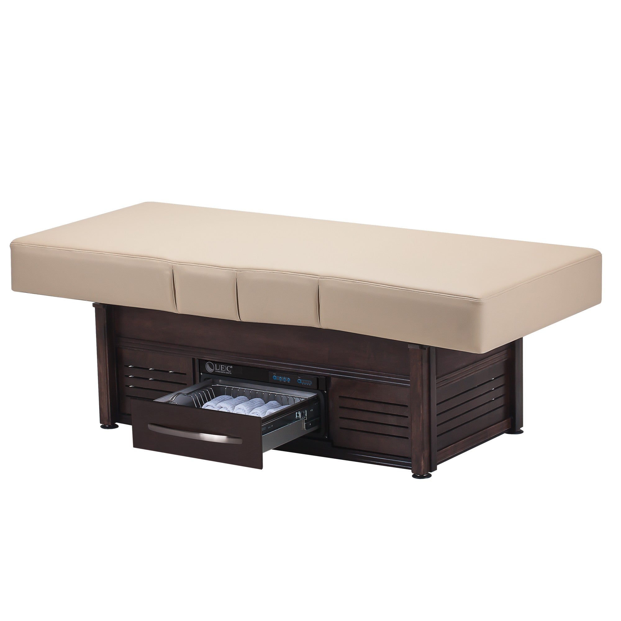Living Earth Crafts PRO SALON Kensington +Studio Electric Lift Table with beige cushion and warming drawer.