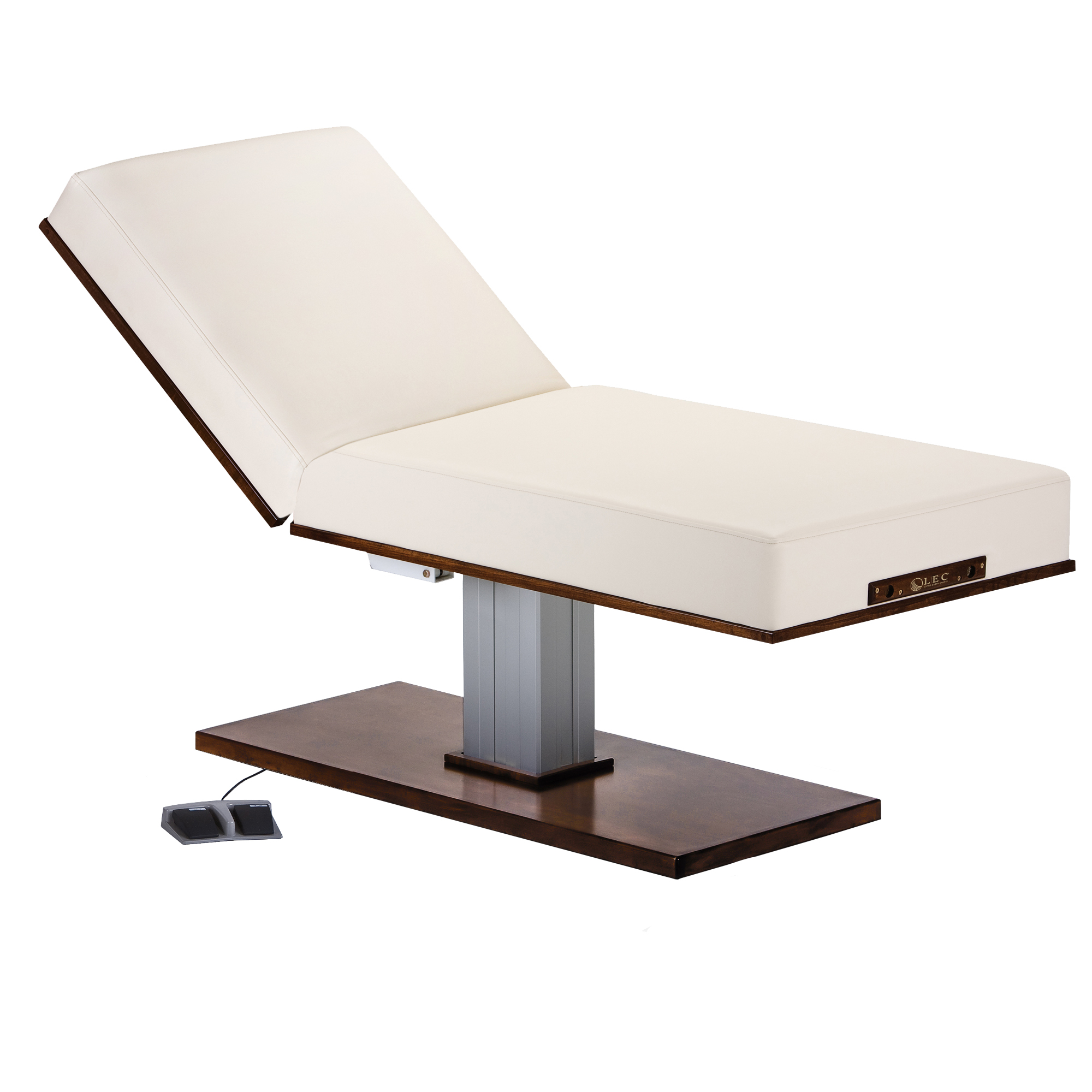 Living Earth Crafts LEC Pedestal electric lift table with wood base and foot pedal for spas.