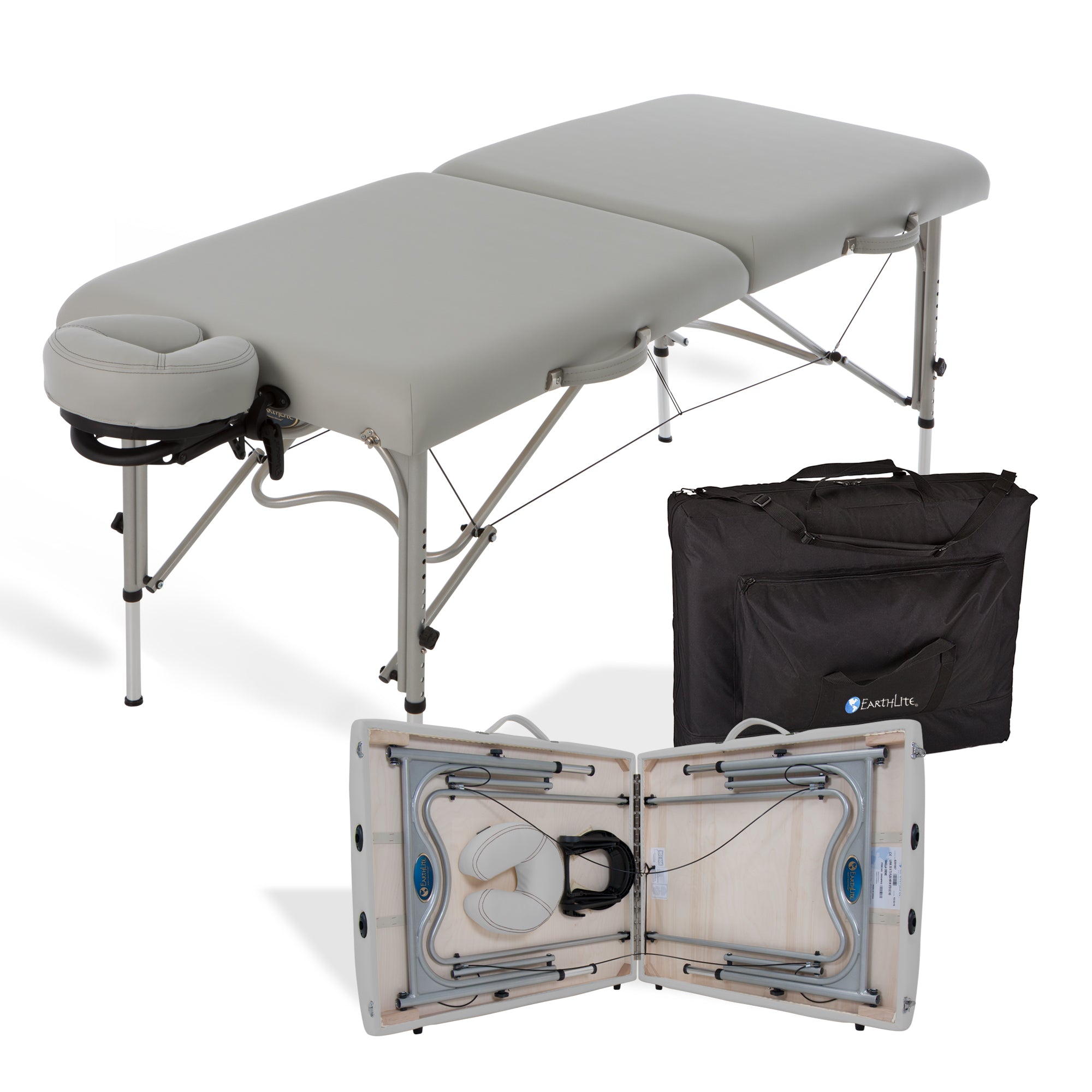 EarthLite LUNA portable massage table with face cradle and case, gray, Reiki-ready frame.
