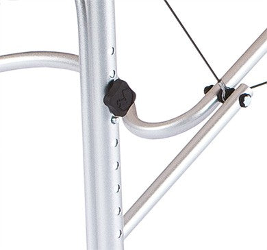 Close-up of EarthLite LUNA table’s adjustable aluminum frame with black plastic knob.