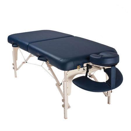 Custom Craftworks LUXOR blue portable massage table with face rest and sturdy wooden legs.