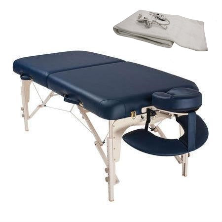 Custom Craftworks LUXOR massage table with deluxe face rest and folded white sheet set on side.