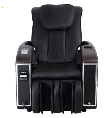 Apex V2 black leather vending massage chair with padded seat, back, arms & foot compartments.