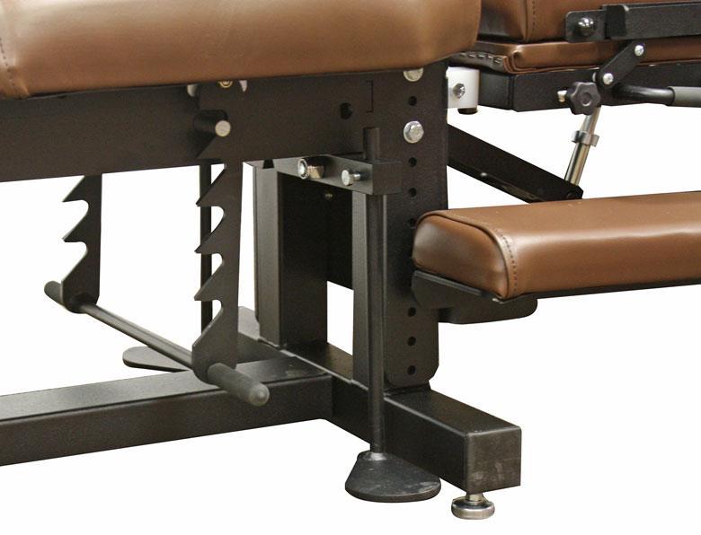 Close-up of adjustable frame and brown seat on the PHS METAL Max Drop Table by PHS Chiropractic.