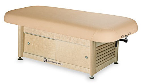 Living Earth Crafts NAPA spa table with hydraulic lift, wood base, and storage drawers.