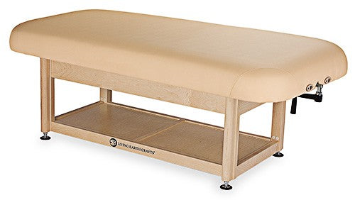 Living Earth Crafts NAPA flat top spa table with shelf and wooden legs, beige finish.