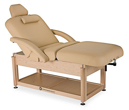 Living Earth Crafts NAPA Salon Table with PowerAssist hydraulic lift and shelf, beige color.