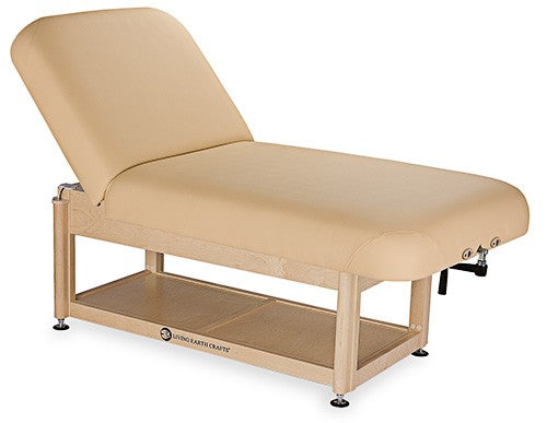 Living Earth Crafts Napa Facial Spa Table with shelf base and PowerAssist, beige, wood frame.