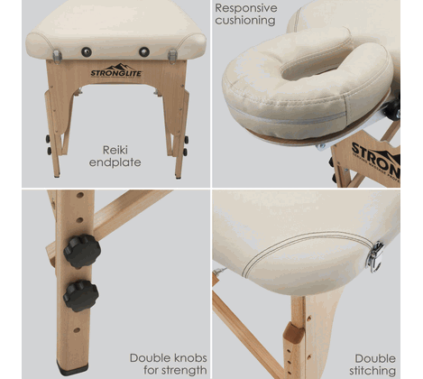 Features of Stronglite OLYMPIA: Reiki endplate, double knobs, durable stitching.