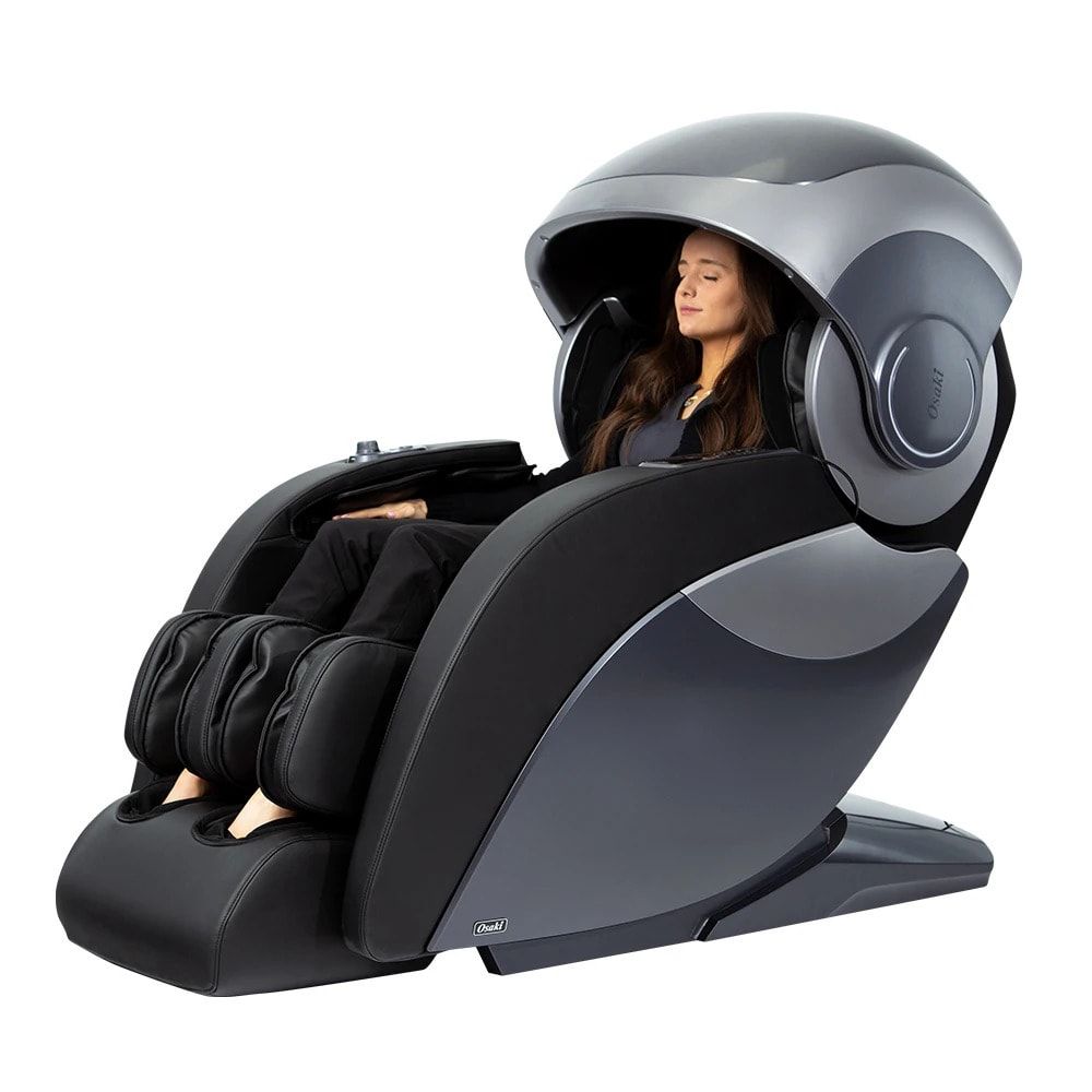 Woman relaxing in an Osaki OS-4D ESCAPE Electric Massage Chair with 4D rollers.