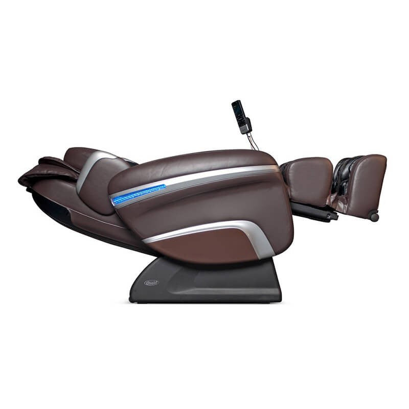 Osaki OS-7200H massage chair in brown, reclined with remote, side profile view.