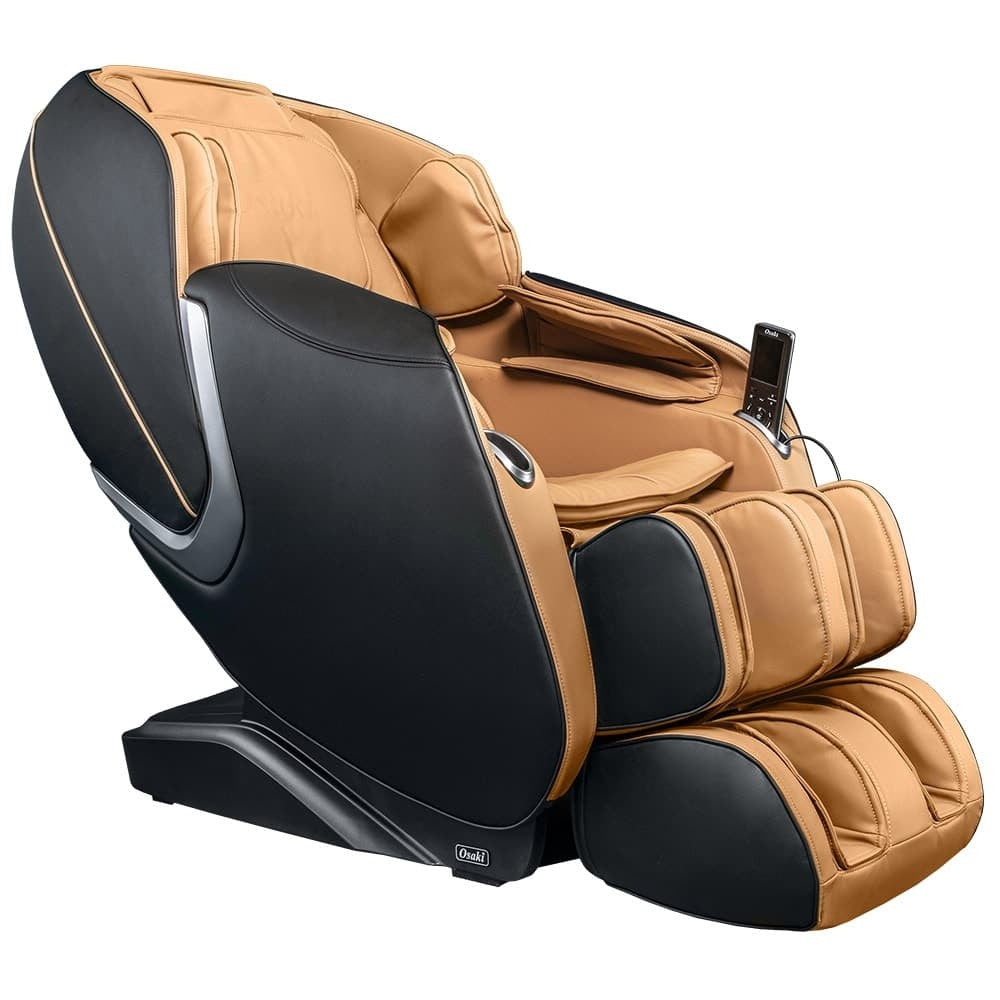 Osaki OS-ASTER brown/black massage chair with L-track, built-in controls, and cushioned rests.