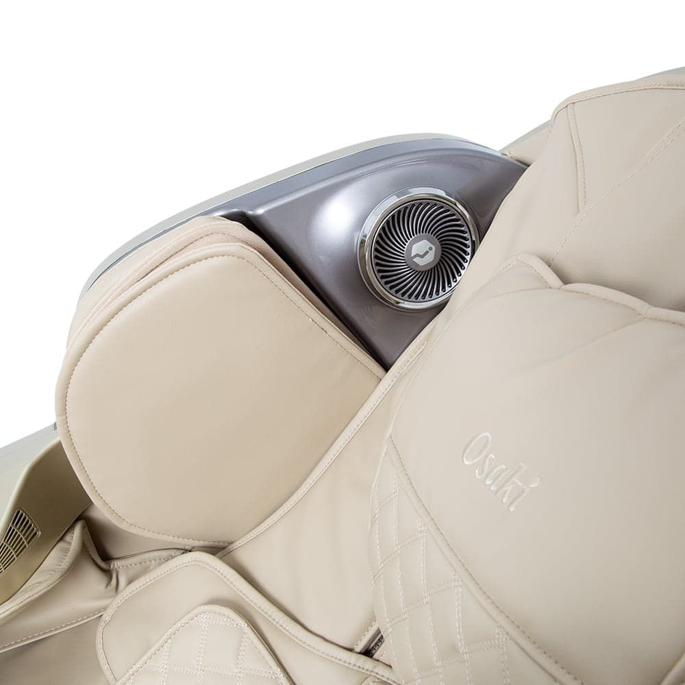 Close-up of Osaki OS-PRO FIRST CLASS Massage Chair in beige with silver air vent on armrest.
