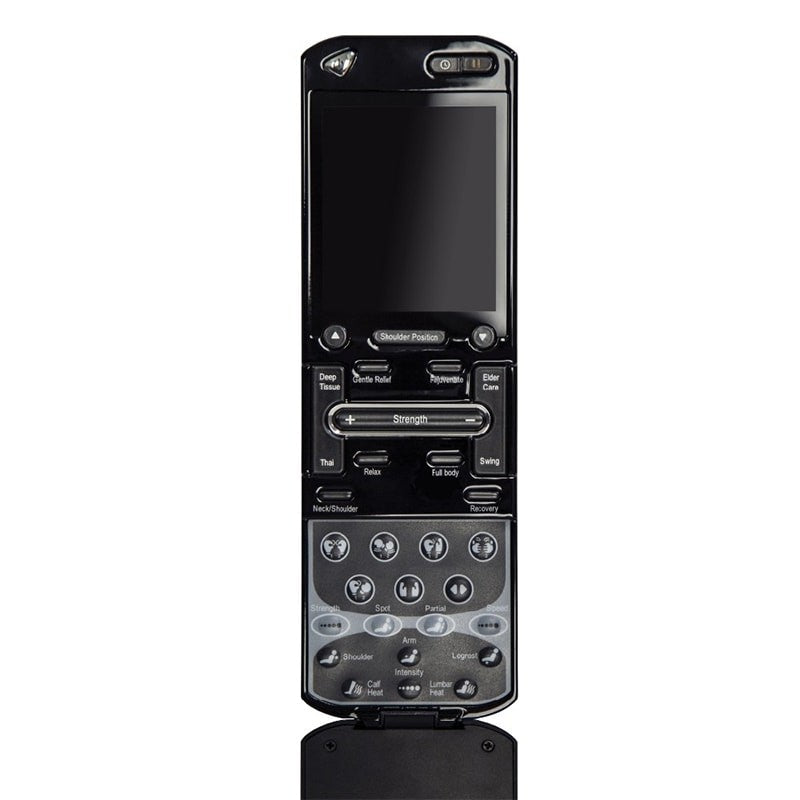 The Osaki OS-PRO YAMATO chair has a screen, buttons, and labeled Zero Gravity massage modes.
