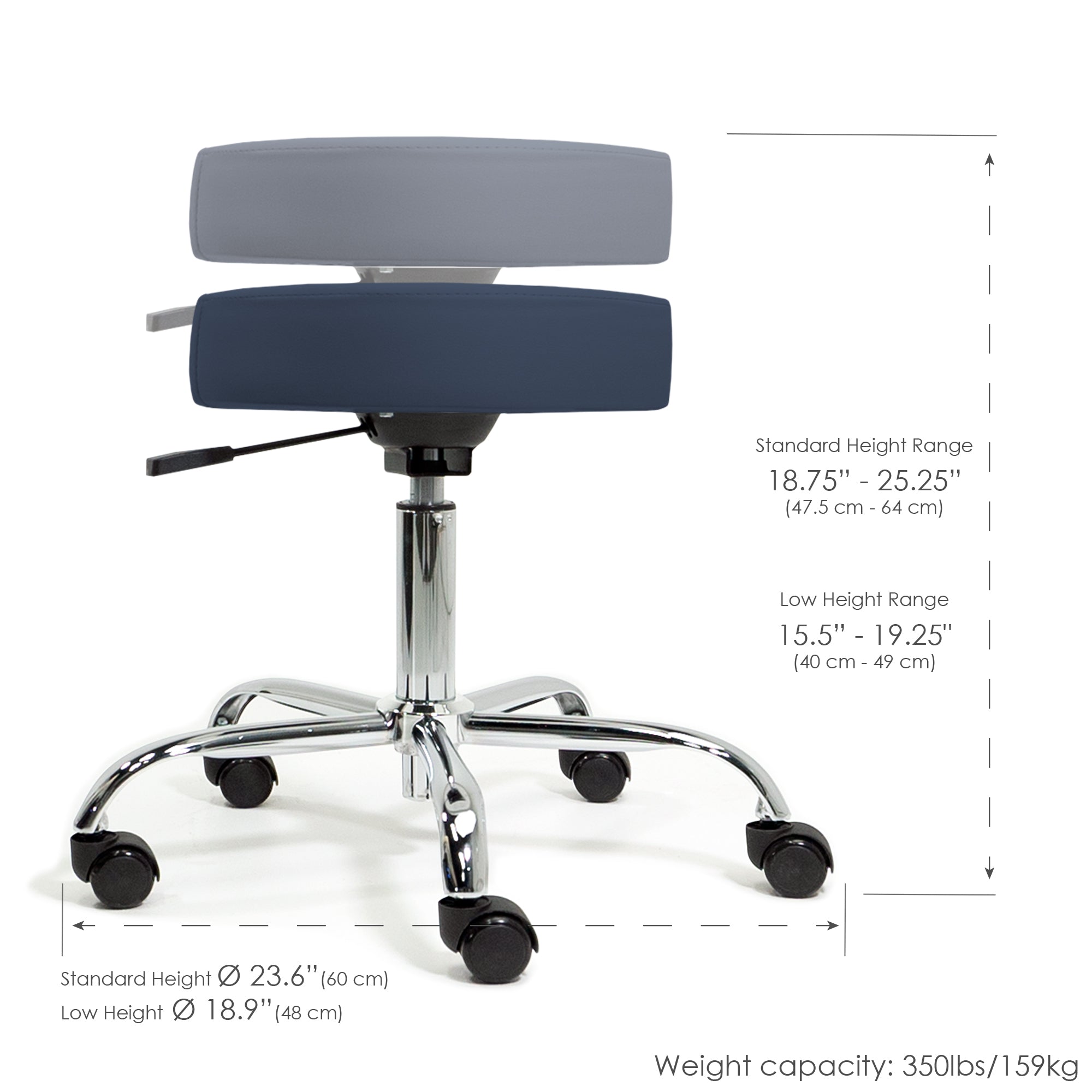 EarthLite PNEUMATIC Rolling Stool: five wheels, upholstered seat, adjustable height.