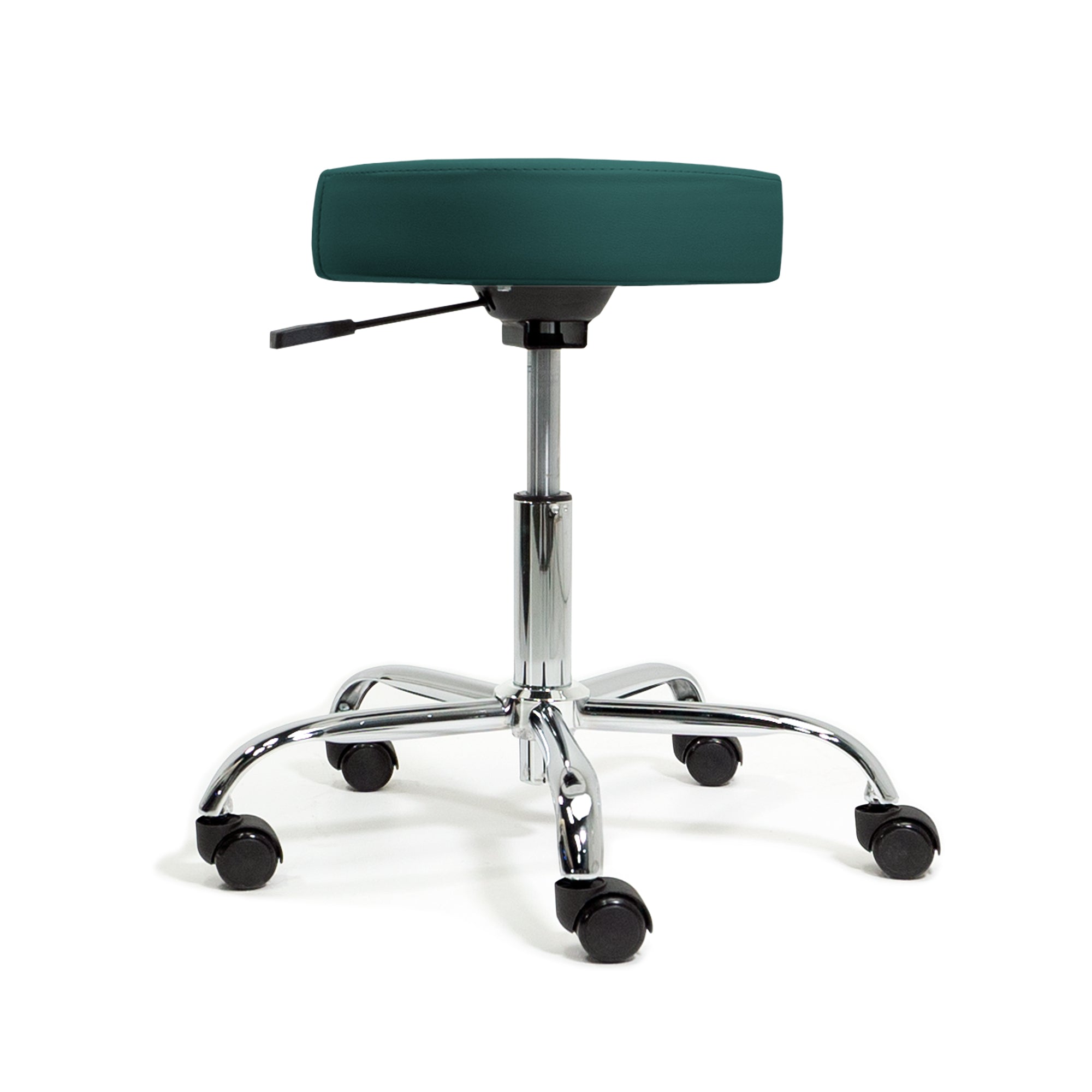 EarthLite PNEUMATIC Rolling Stool—green upholstery, chrome base, five wheels.