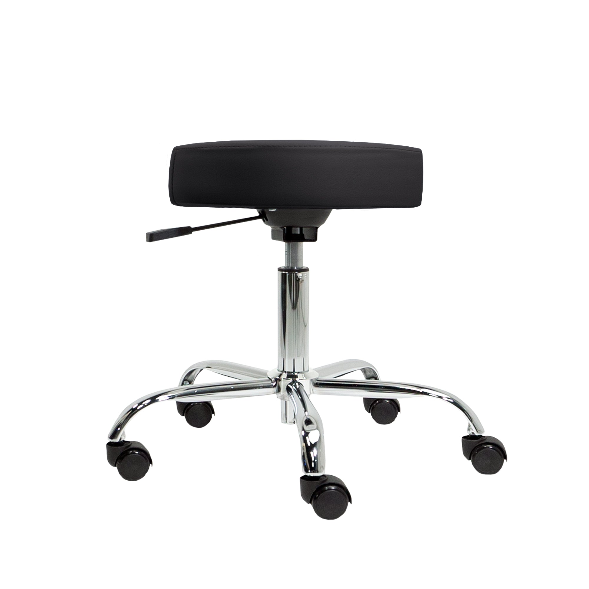 EarthLite PNEUMATIC Rolling Stool: adjustable, chrome base, upholstered seat, five wheels.