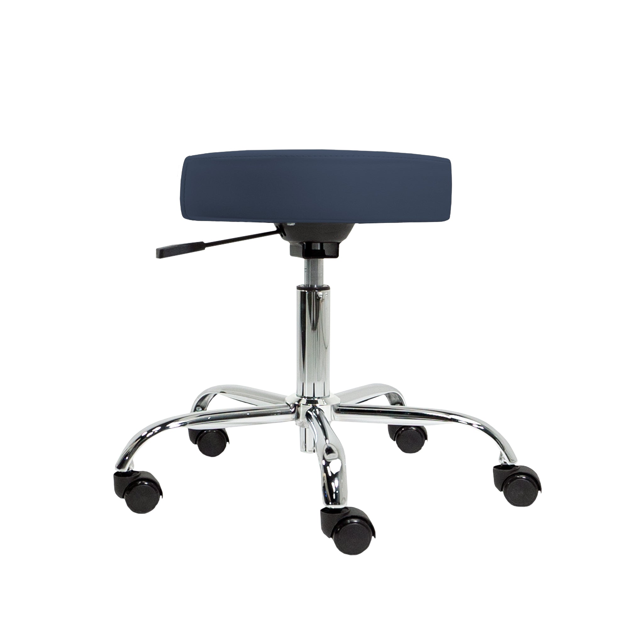 The EarthLite PNEUMATIC Rolling Stool is a blue, adjustable stool with a chrome base and casters.