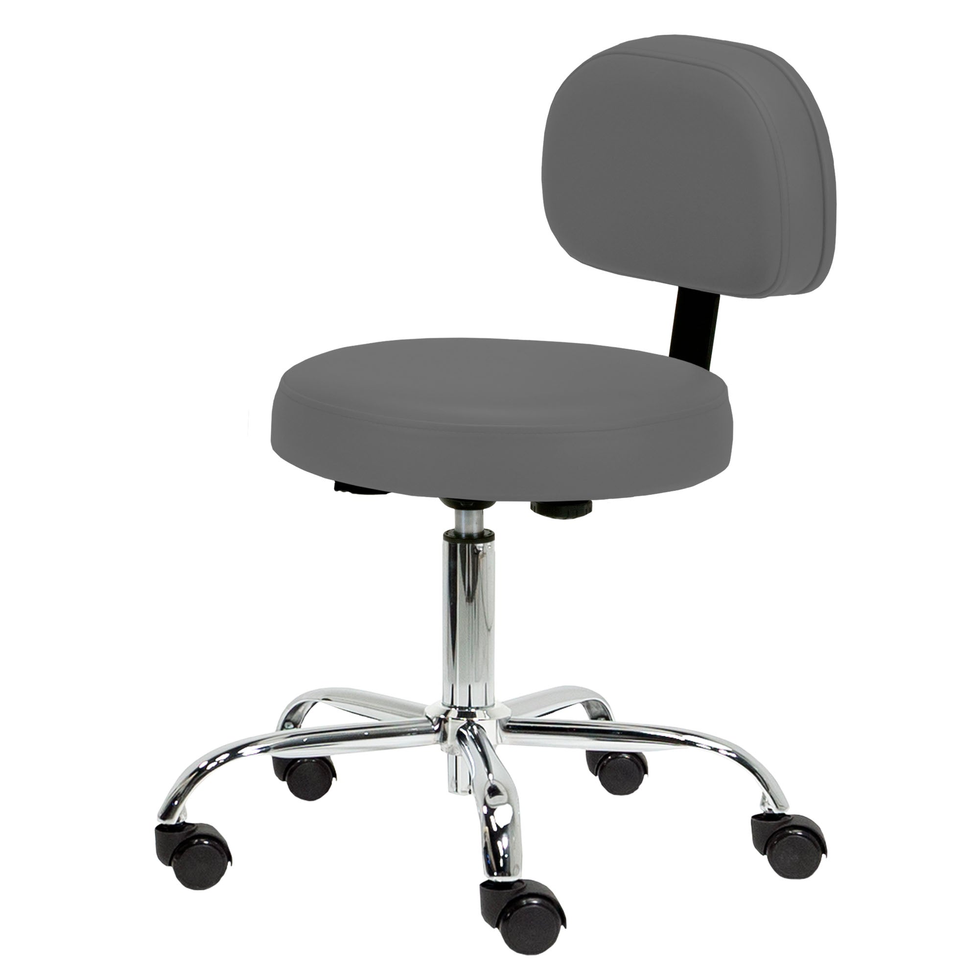 EarthLite Pneumatic Rolling Stool with back support, gray upholstery, and chrome base on casters.