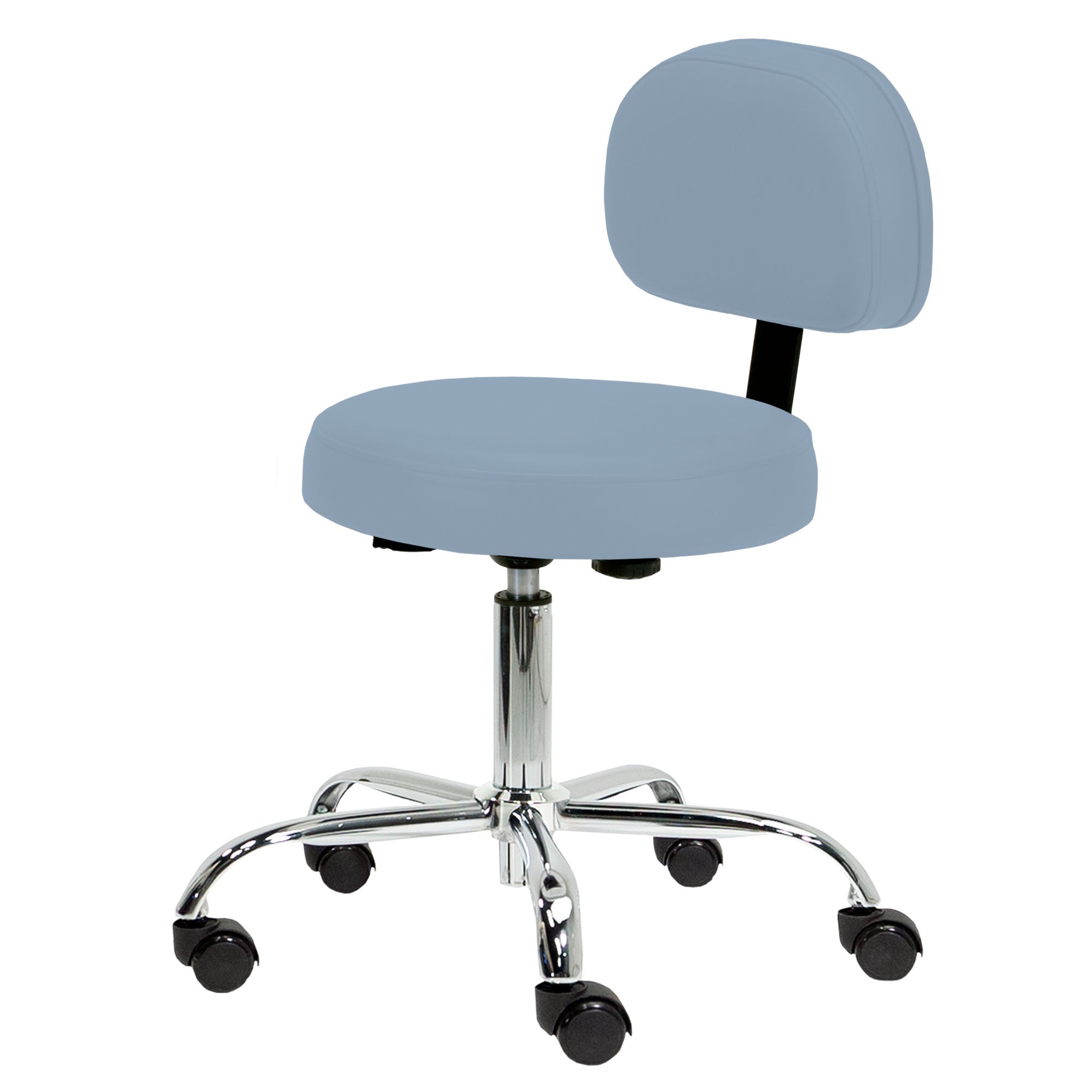 EarthLite Pneumatic Rolling Stool with back support, light blue, chrome base, 5 caster wheels.