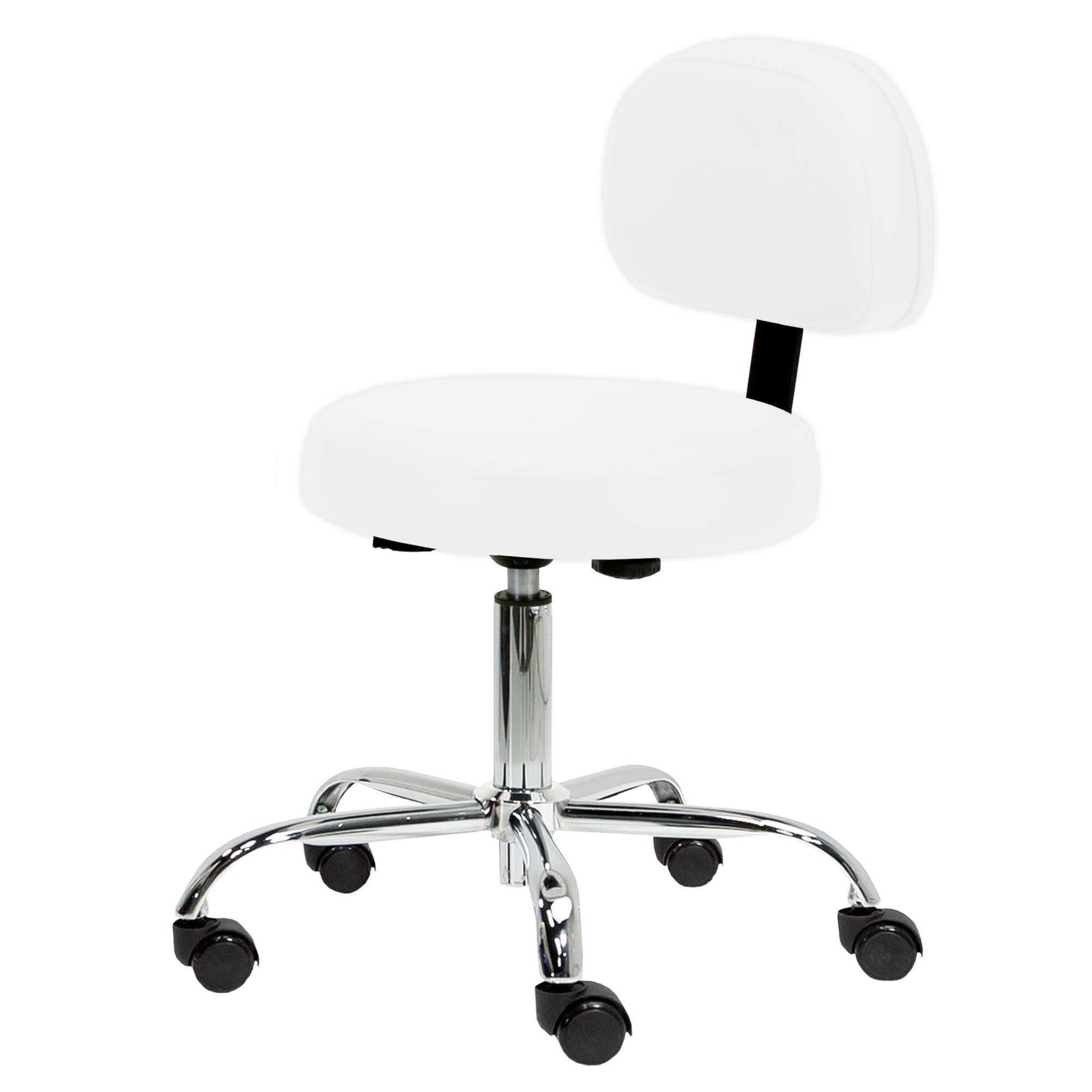 EarthLite Pneumatic Rolling Stool with Back Support, chrome base, durable upholstery, 5 casters.