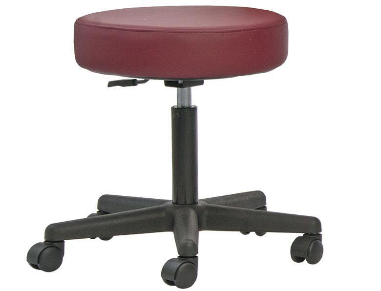 Custom Craftworks Premium ROLLING STOOL: round, maroon, premium upholstery, black base.