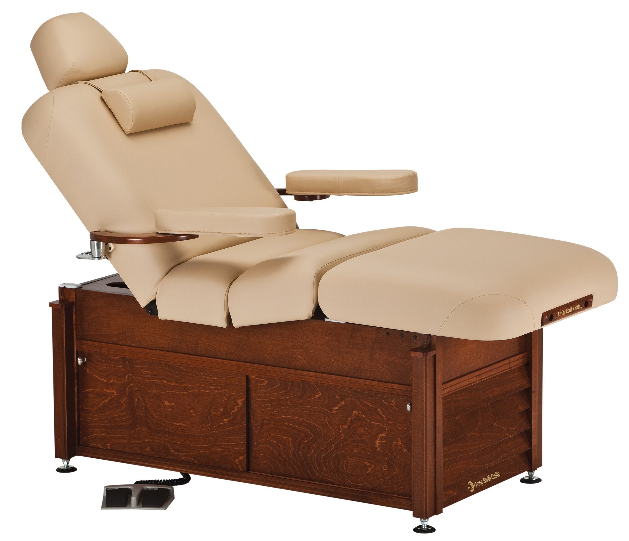Living Earth Crafts PRO SALON Deluxe Classic Cabinetry spa table with wooden base and hydraulic lift.