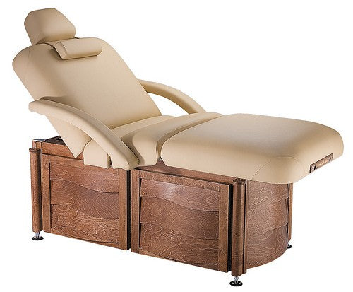 Living Earth Crafts PRO SALON Cuvée electric lift table with beige top and wood base.
