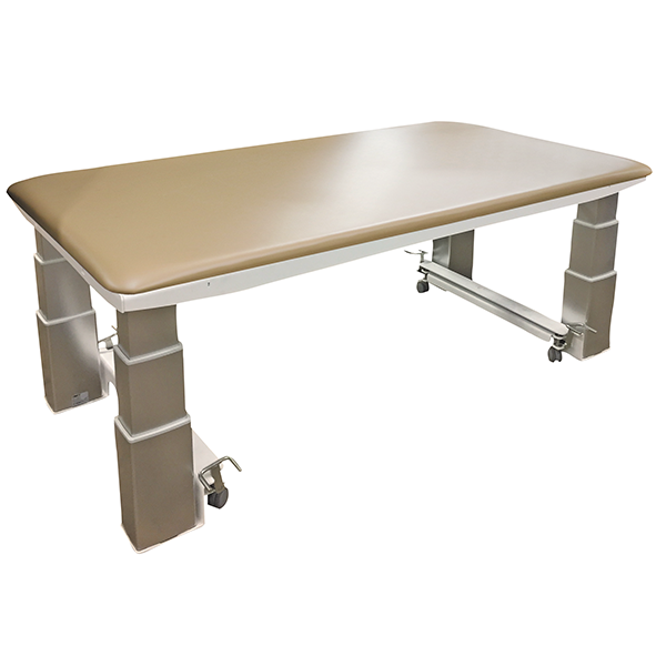 PHS Medical PT2000 Bariatric Hi-Lo Mat Table with tan top and metal legs on casters.