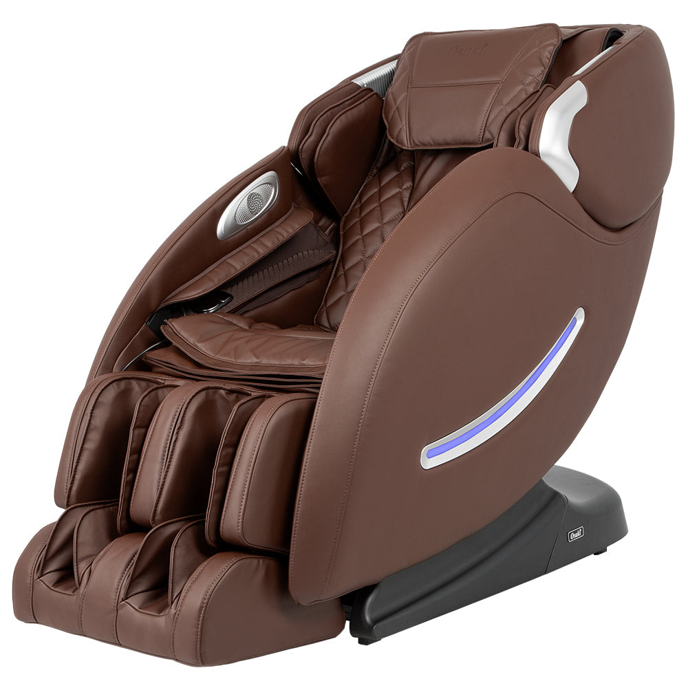 Osaki OS-4000XT brown leather massage chair with footrests, armrests, and black base.