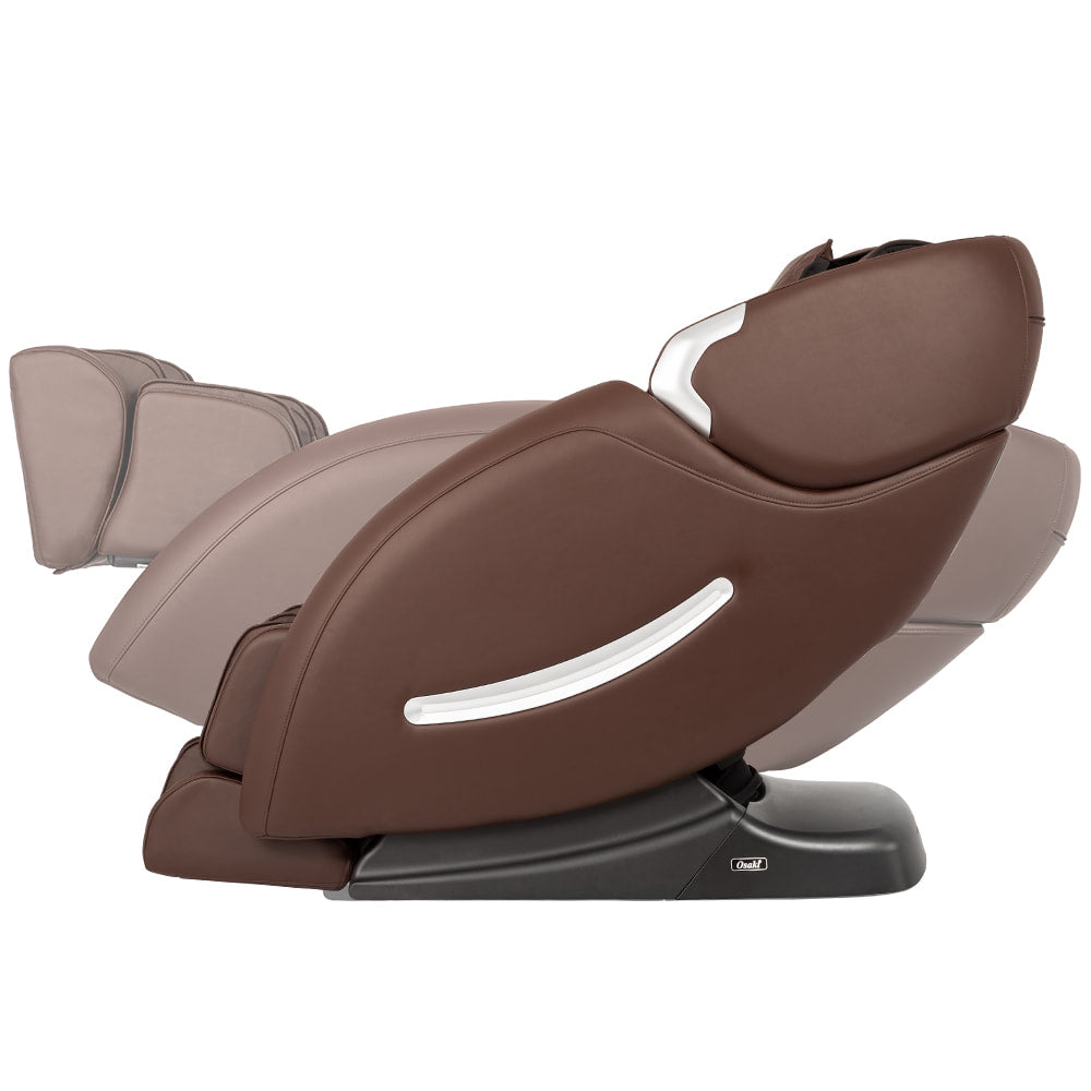 Osaki OS-4000XT massage chair, reclined side view, in brown, shown against white background.
