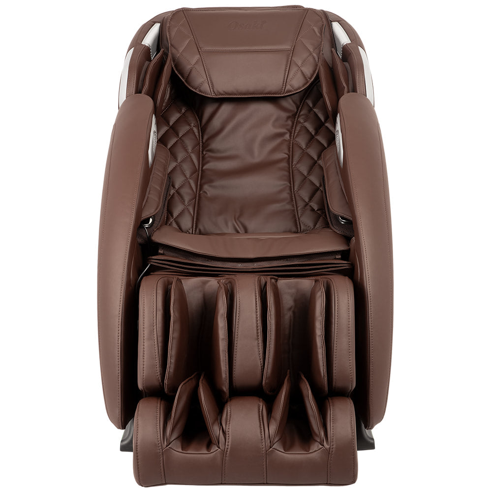 Osaki OS-4000XT brown leather massage chair with multiple pads, front view.
