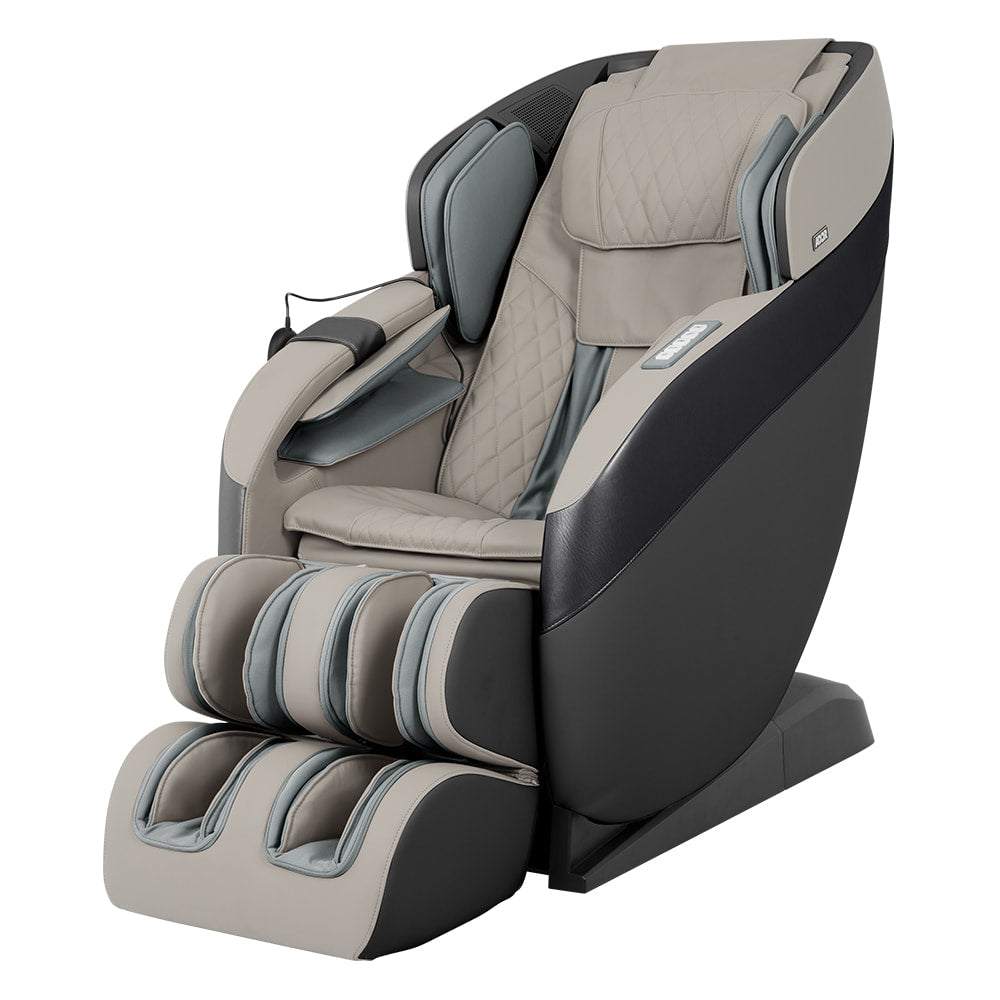 The Ador AD-Infinix chair offers 2D massage in beige/gray with padded arm, leg & foot rests.