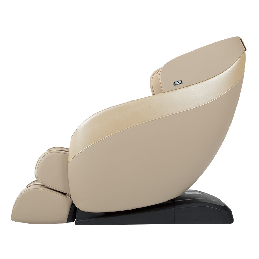 Side view of Ador AD-Infinix Massage Chair, beige, with reclined back, leg rest, and black base.