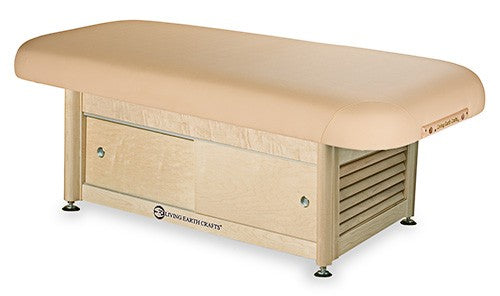 Living Earth Crafts SERENITY spa table: wood frame, storage drawers, upholstered top, hydraulic lift.