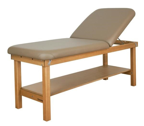 Oakworks SEYCHELLE Wave Backrest massage table with oak frame and adjustable beige cushion.