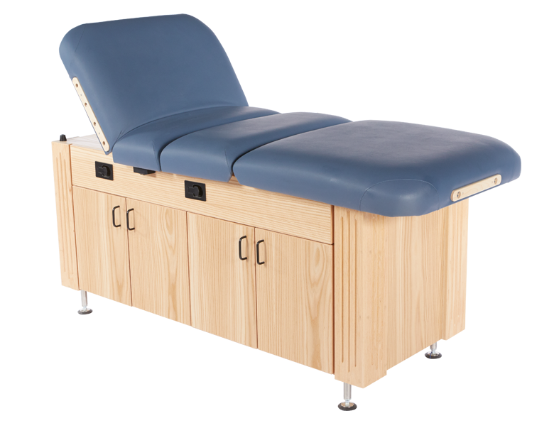 Custom Craftworks M100 Deluxe Electric Spa Table with blue cushion and storage cabinets.