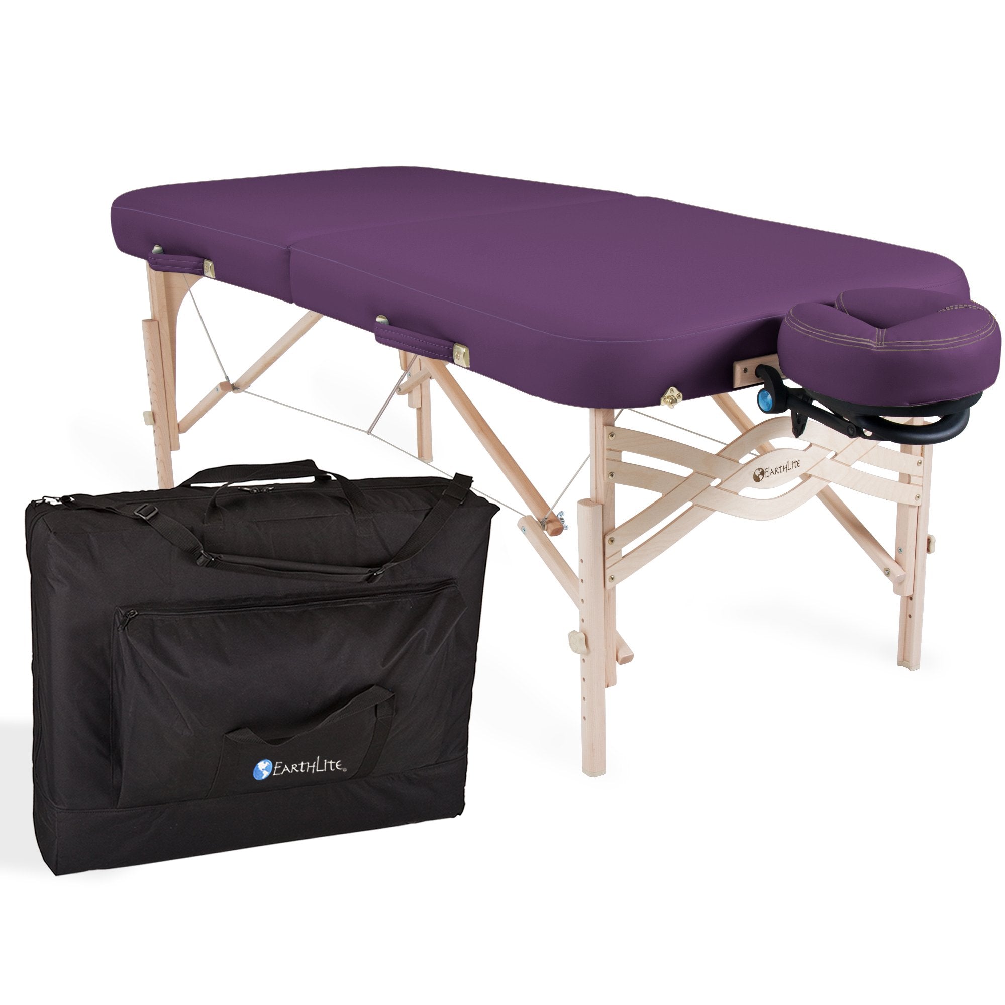 EarthLite SPIRIT Portable Massage Table in purple with wood legs and black carrying case shown.