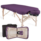 EarthLite SPIRIT Portable Massage Table by EarthLite, shown folded and open with headrest and case.