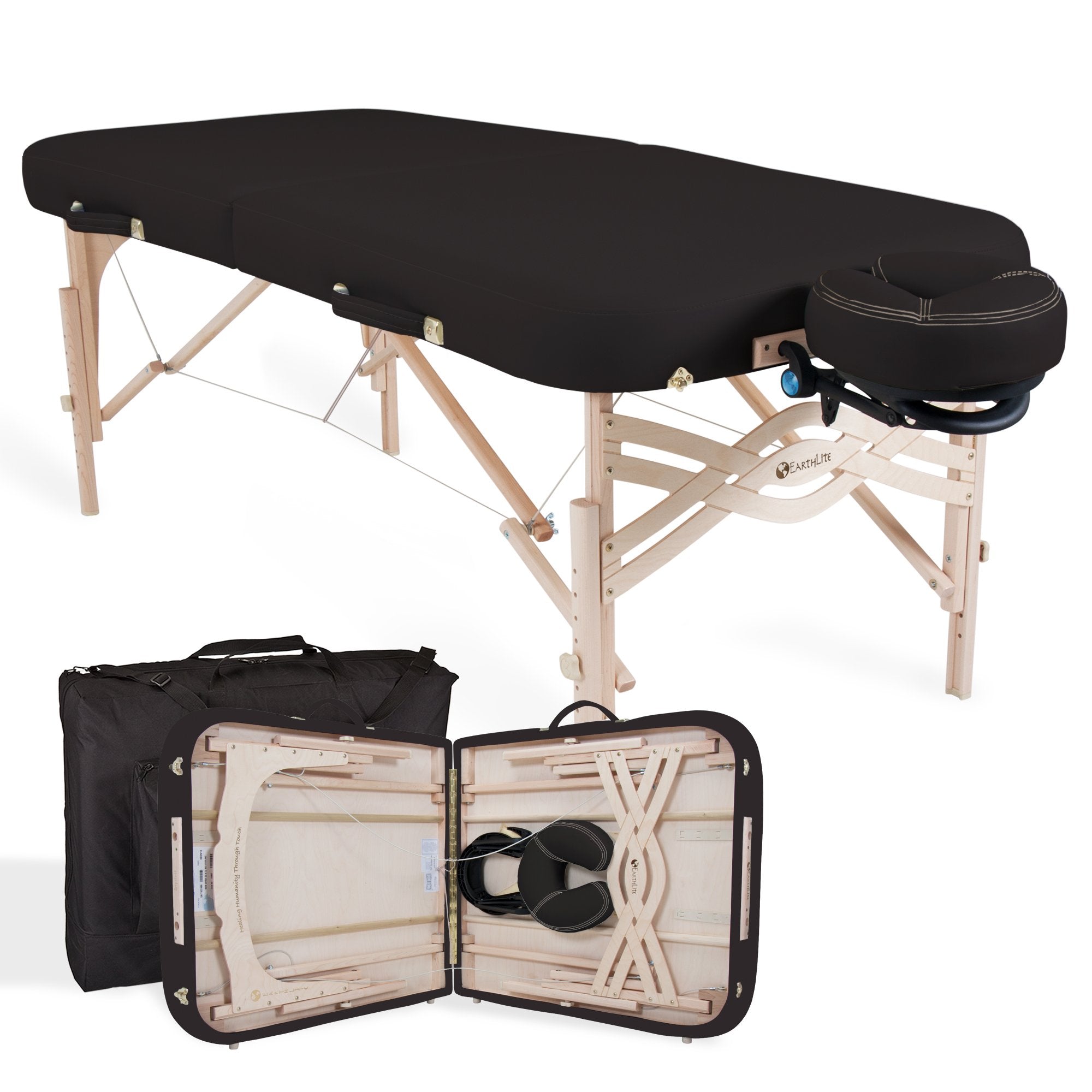 EarthLite SPIRIT portable massage table with wooden legs, shown open, folded, and in carrying case.