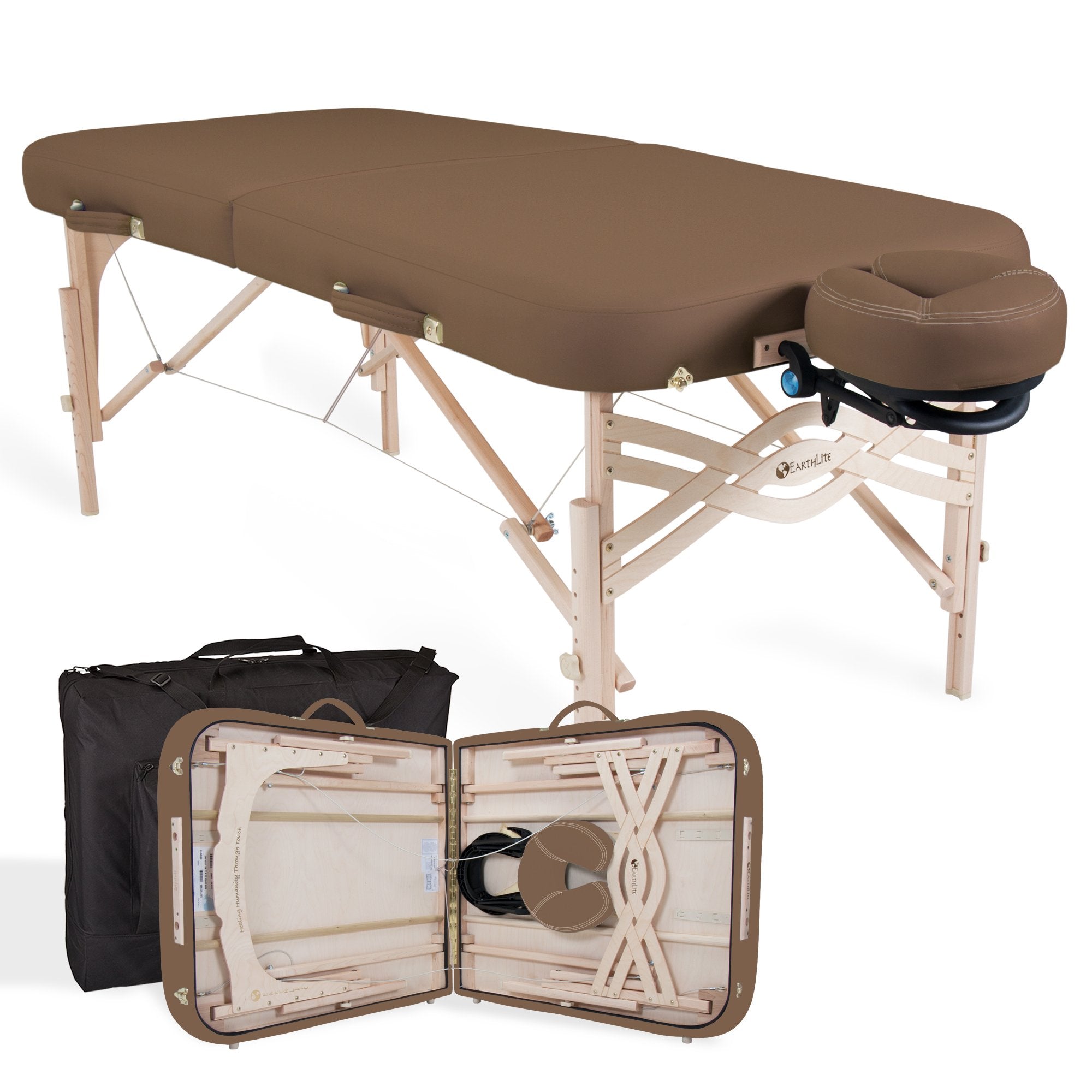EarthLite SPIRIT Portable Massage Table by EarthLite with brown padding, wooden legs, and carry case.