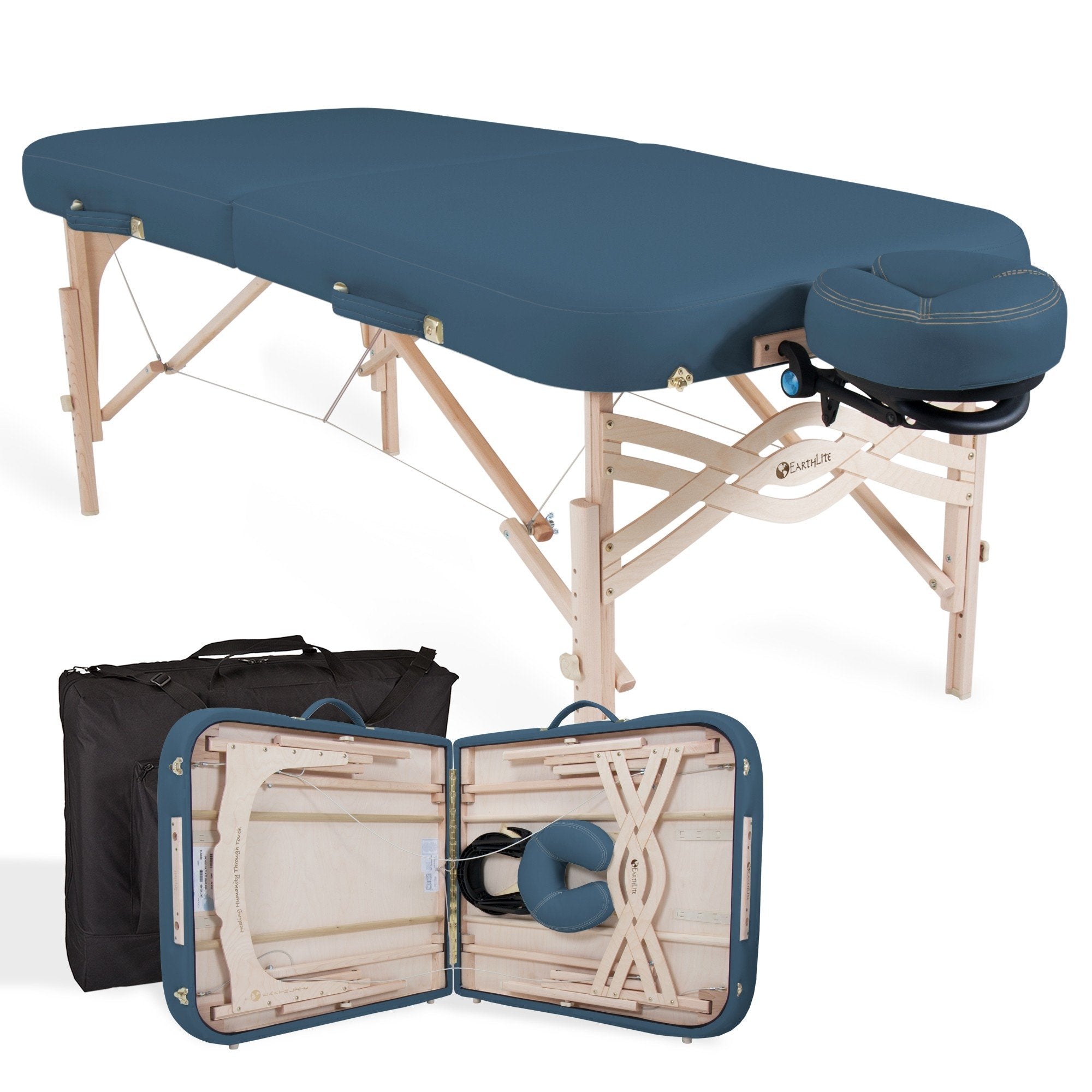 EarthLite SPIRIT Portable Massage Table, blue, with face cradle and carrying case shown.
