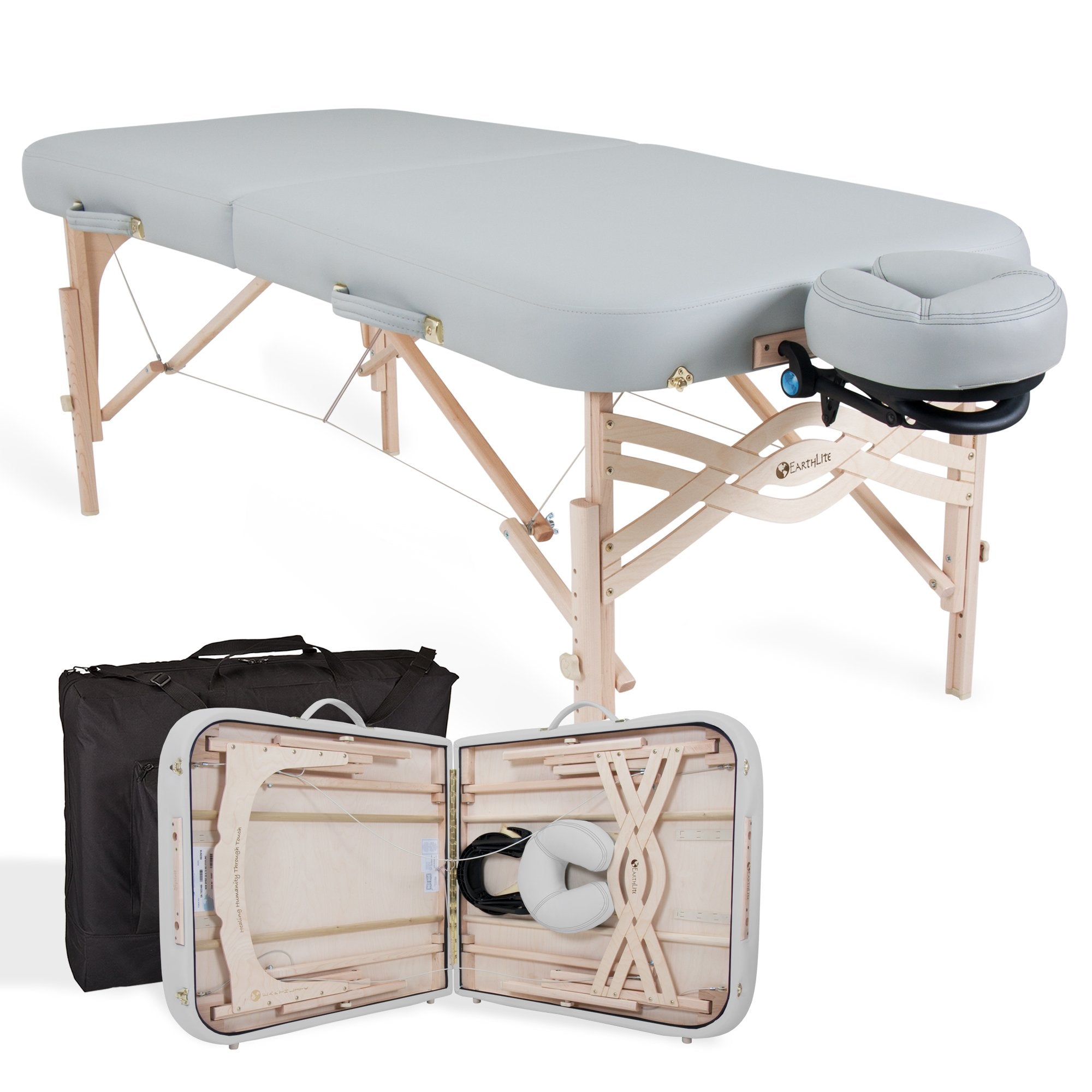EarthLite SPIRIT Portable Massage Table with headrest and carry bag, open and packed for transport.
