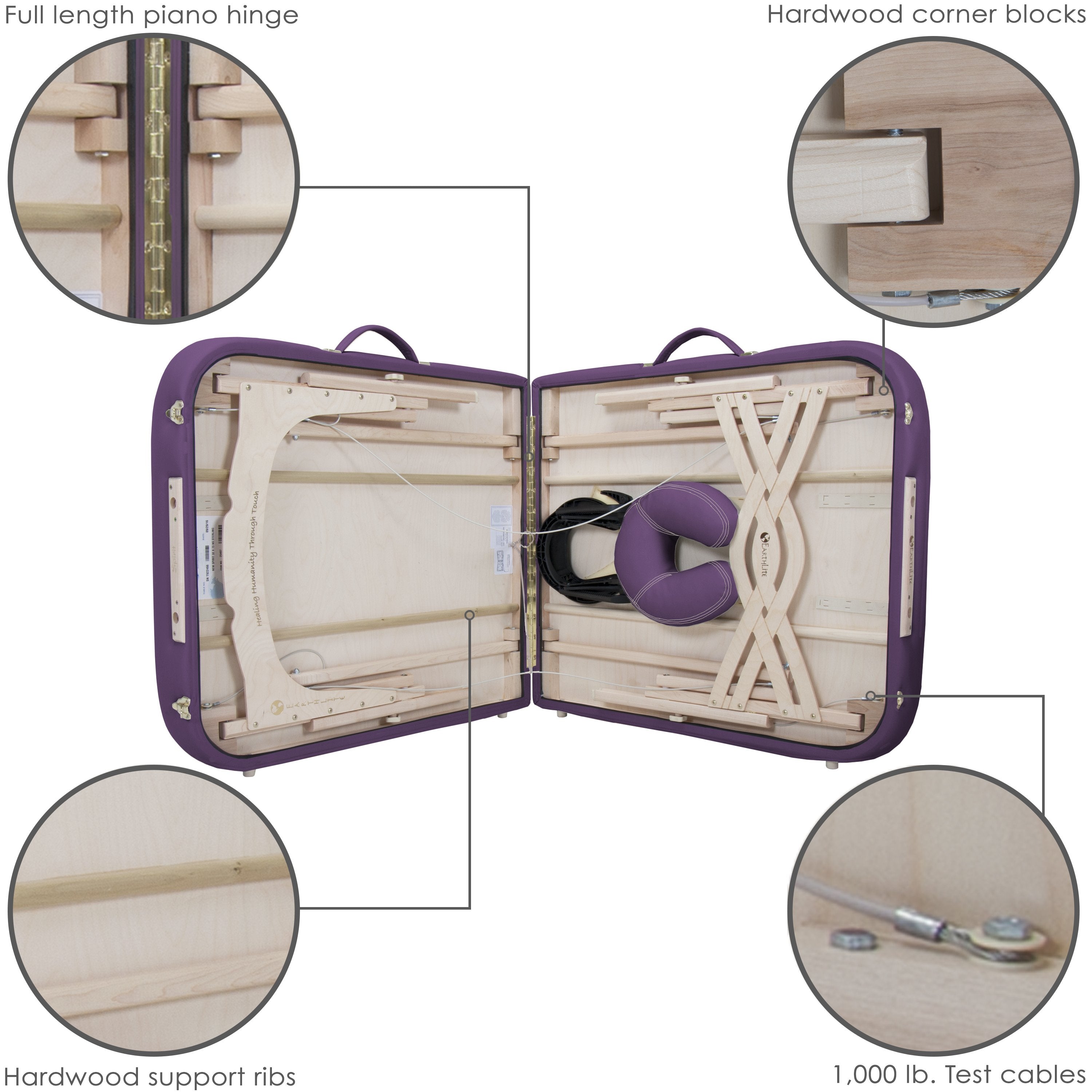 EarthLite SPIRIT Portable Massage Table with visible wood frame, hinges, support ribs, and cables.