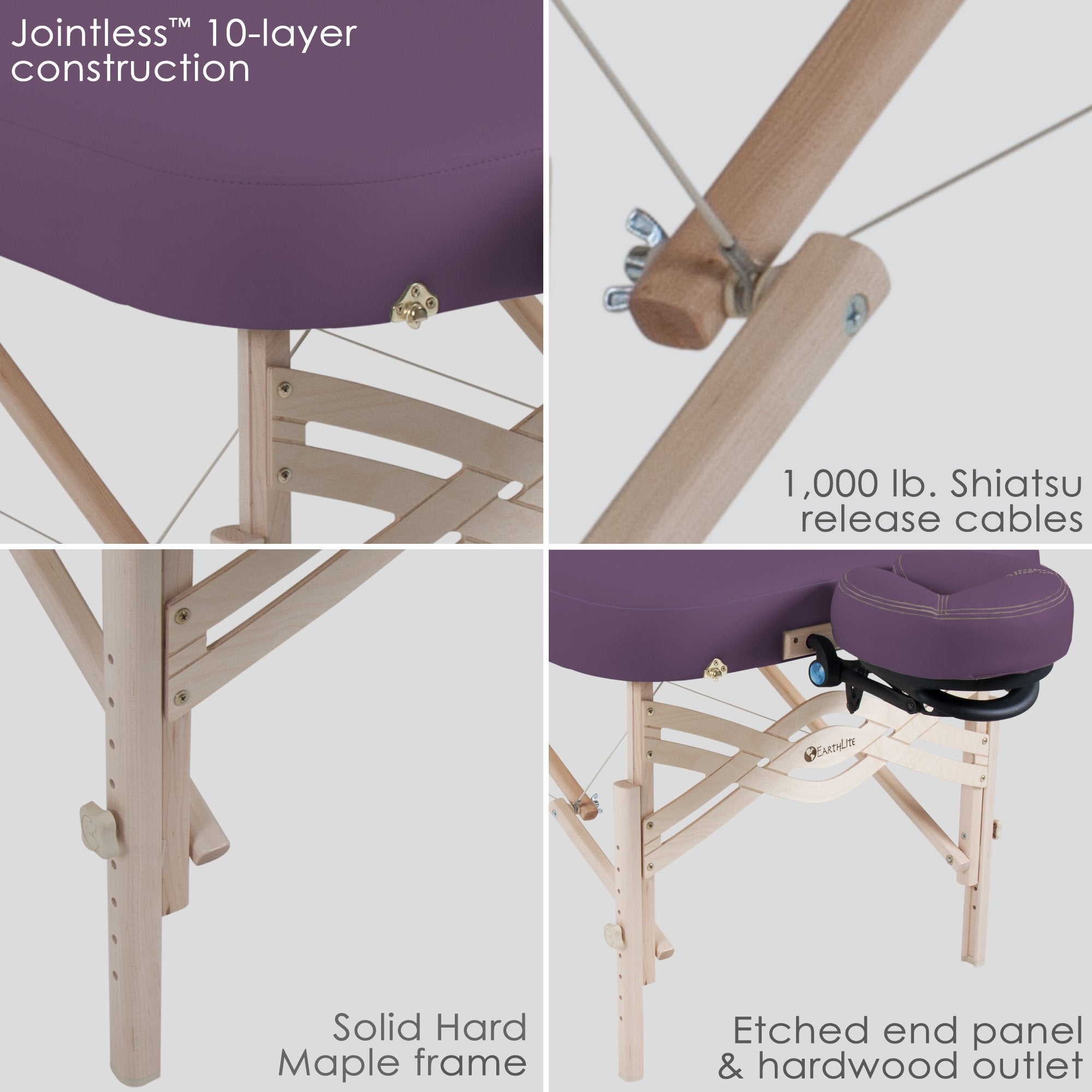 Collage showing features of the EarthLite SPIRIT Portable Massage Table: frame, cables, panel, seat.