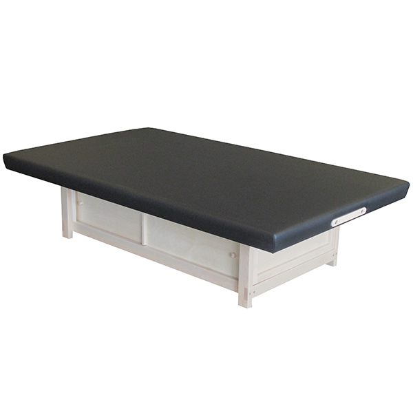 PHS Medical Sport Mat Table: black padded top, white wood base, storage drawer.